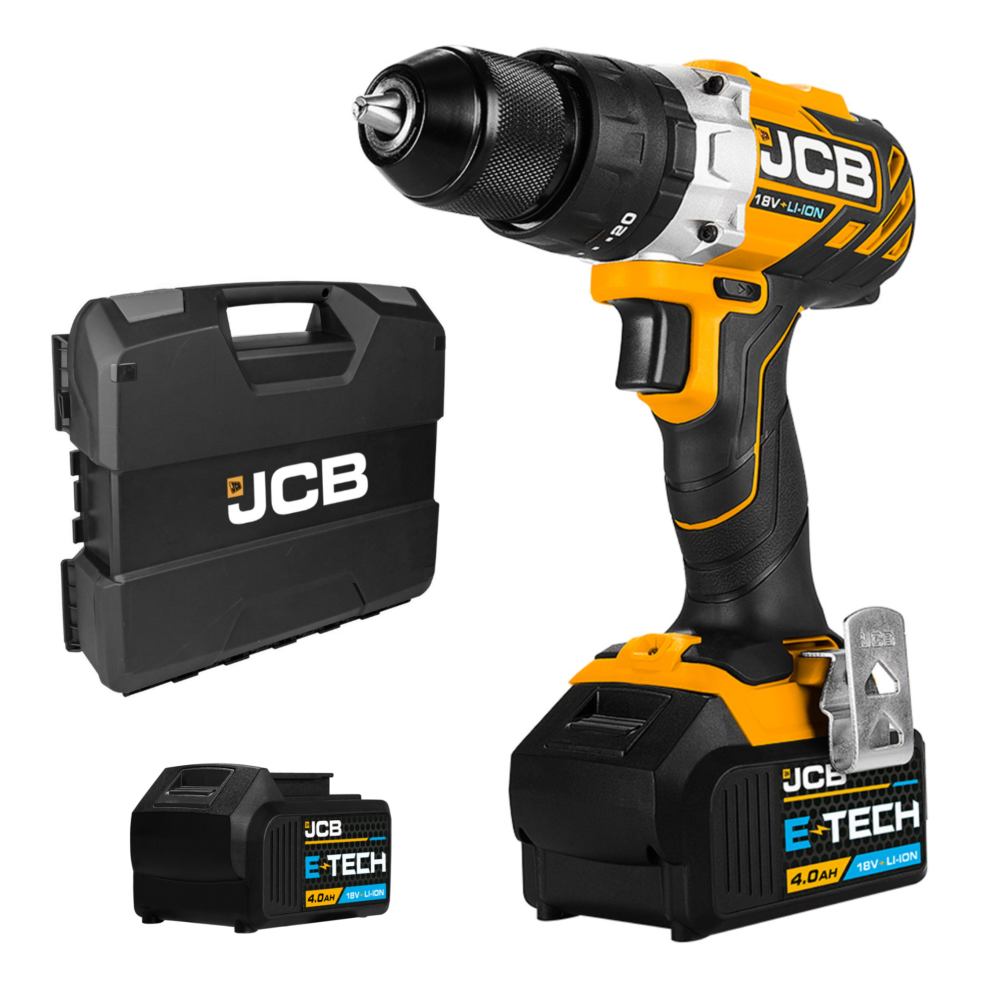 JCB 18V Brushless Combi Drill 2 x 4Ah Battery, W-BOXX 136 & 4 Piece Multi Purpose Bit Set