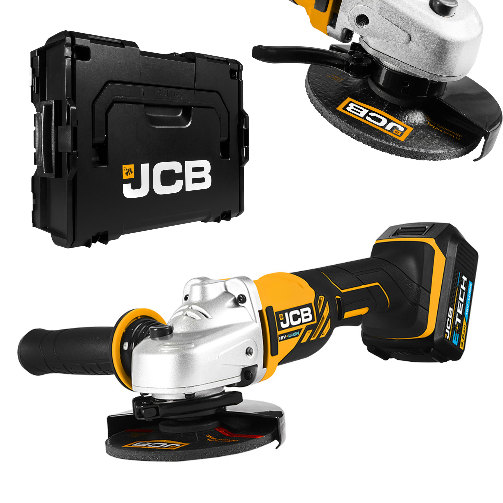 JCB 18V Angle Grinder 2X 4Ah Batteries With L-BOXX 136 Tool Case & 115mm Segmented Diamond Blade