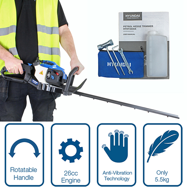Hyundai HYHT2600X Petrol Hedge Trimmer/Pruner, 24" (60cm), Lightweight and Anti-Vibration