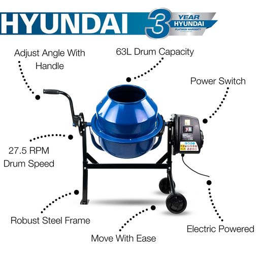 Hyundai 220W 63L Electric 230v Cement / Concrete Mixer | HYCM63E