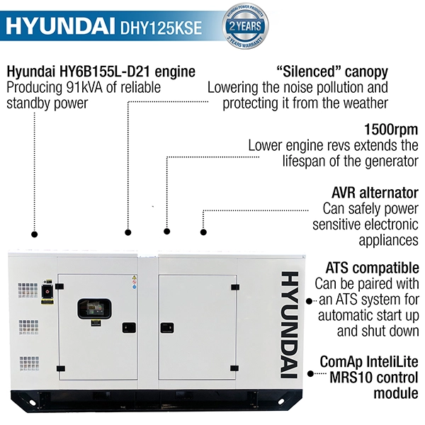 Hyundai 100kW/125kVA Three Phase Diesel Generator | DHY125KSE