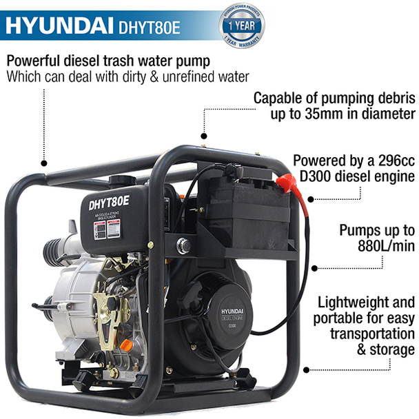 Hyundai Diesel Trash Water Pump 80mm DHYT80E