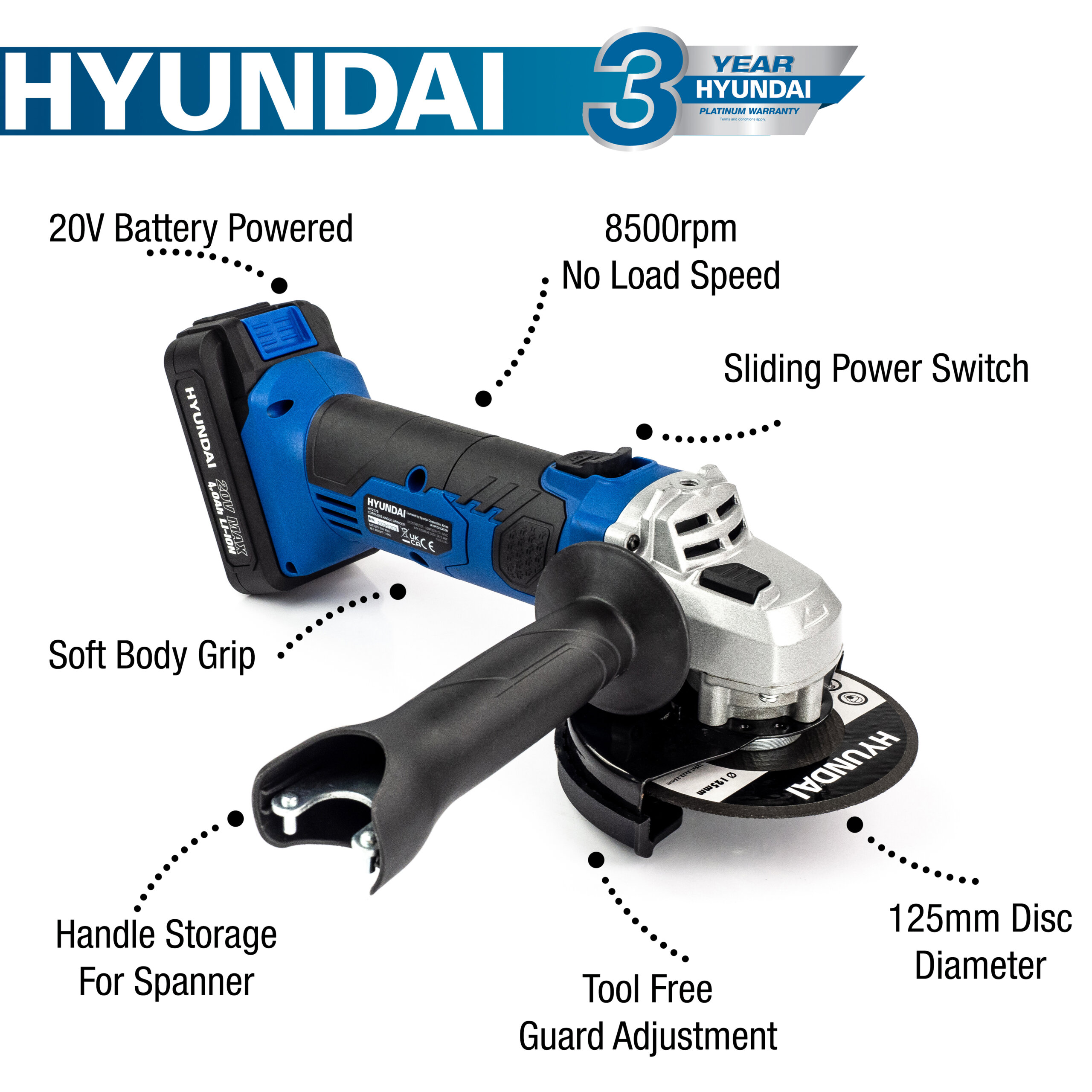 Hyundai 20V MAX Li-Ion Cordless Angle Grinder With 125mm Disc | HY2179