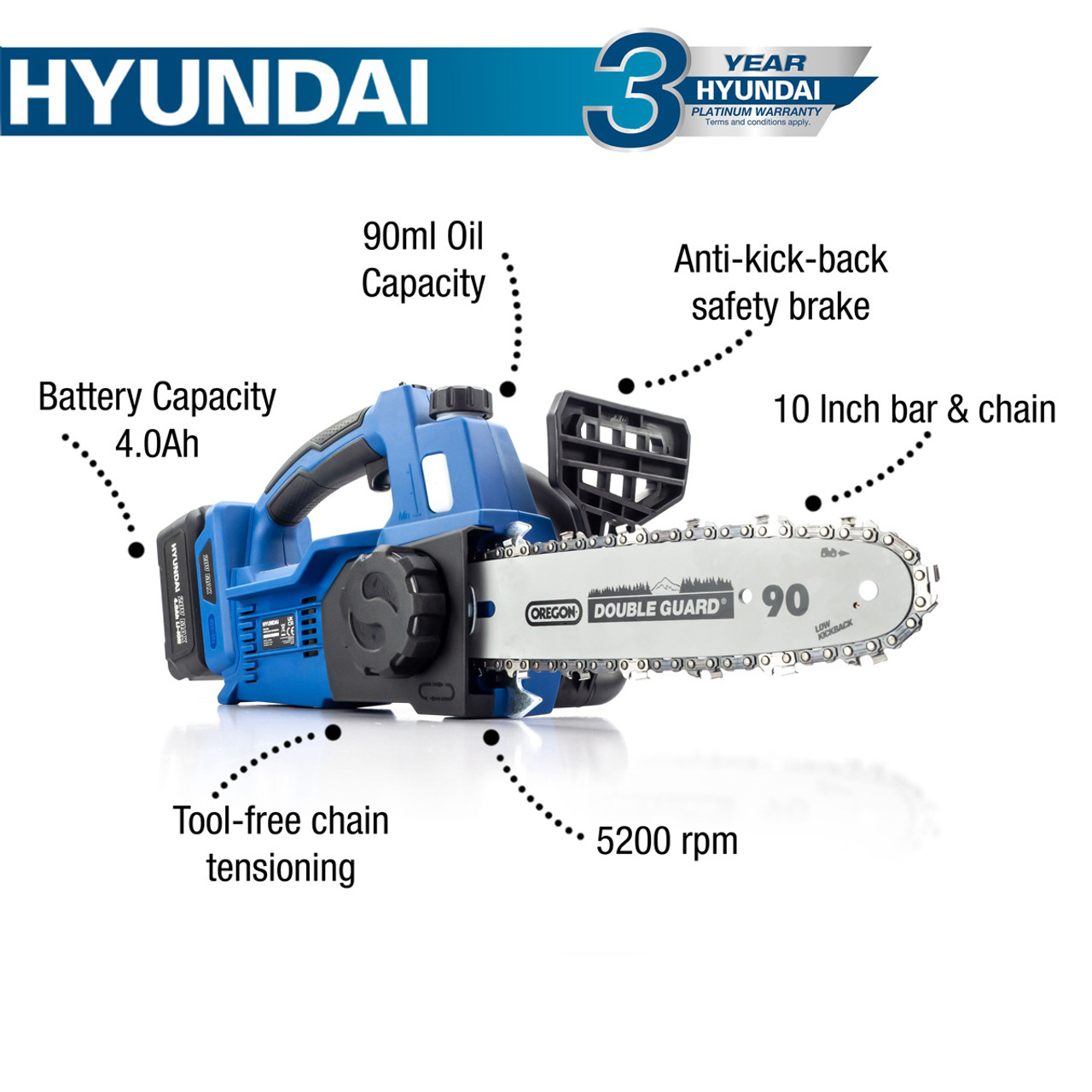 Hyundai Cordless 4Ah Chainsaw - 20v Lithium ion, Brushless | HY2190