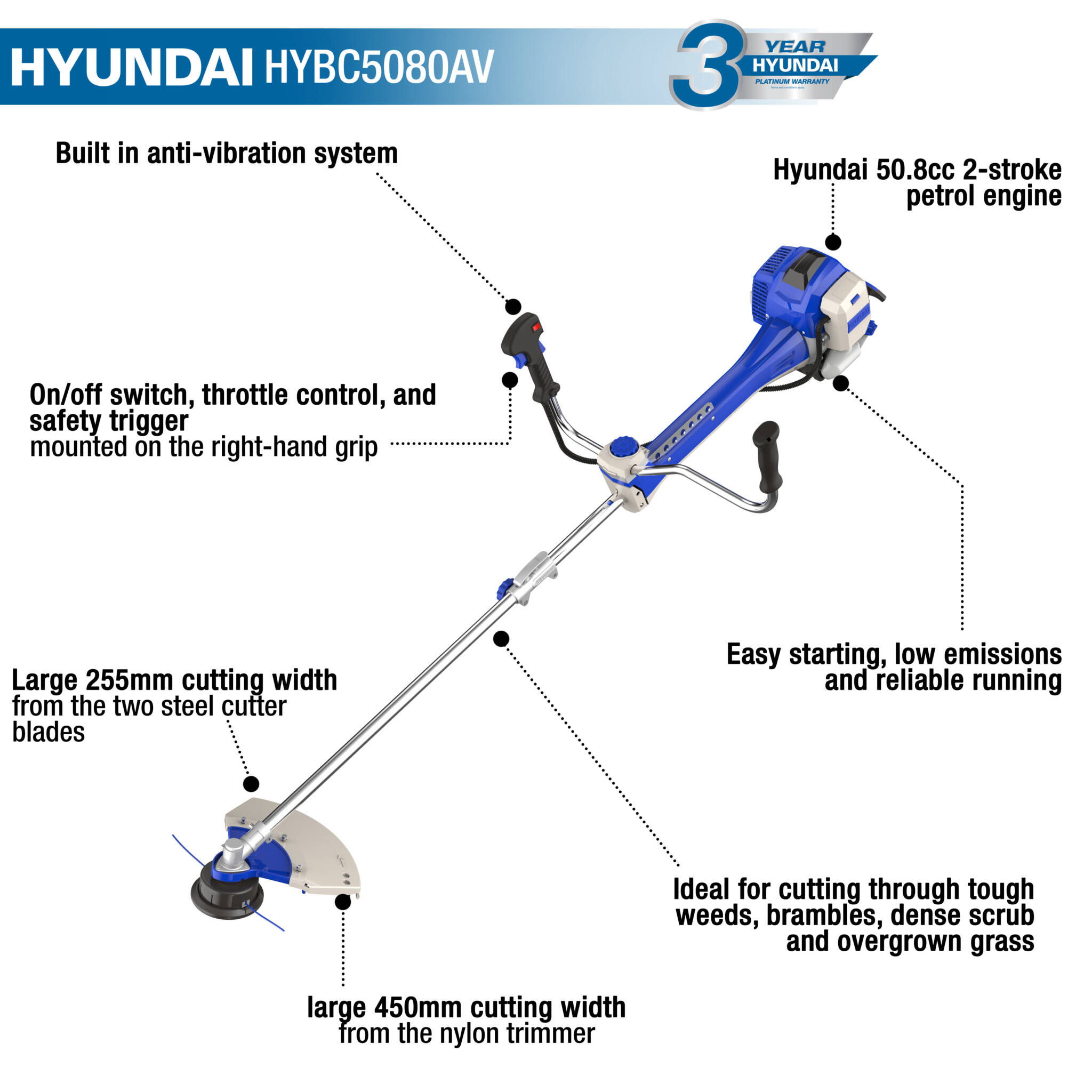 Hyundai HYBC5080AV 50.8cc Anti-Vibration Grass Trimmer / Brushcutter