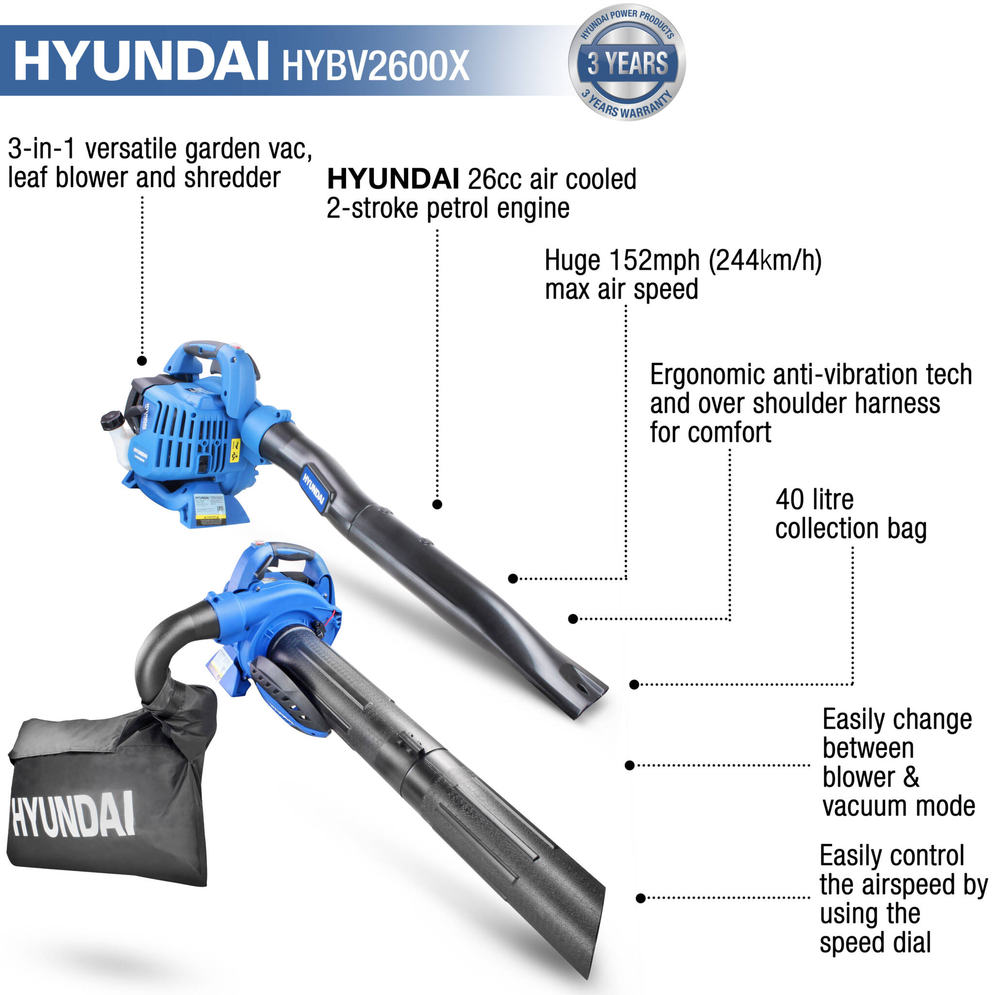 Hyundai HYBV2600X 26cc 2-Stroke 3-in-1 Petrol Leaf Blower, Garden Vac & Shredder, 157mph Air Speed, 40L Collection Bag