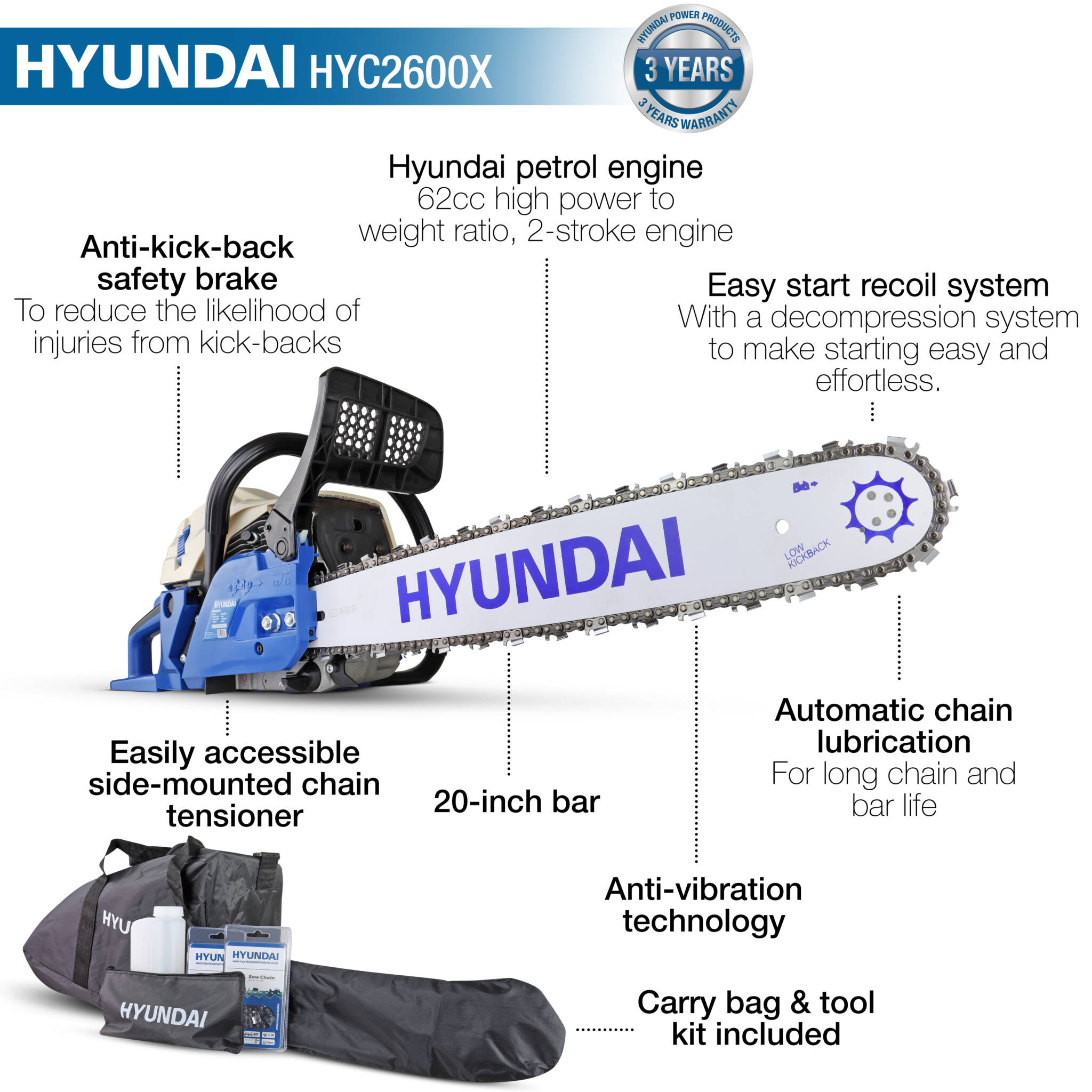Hyundai HYC6200X 62cc 20” Petrol Chainsaw, 2-Stroke Easy-Start