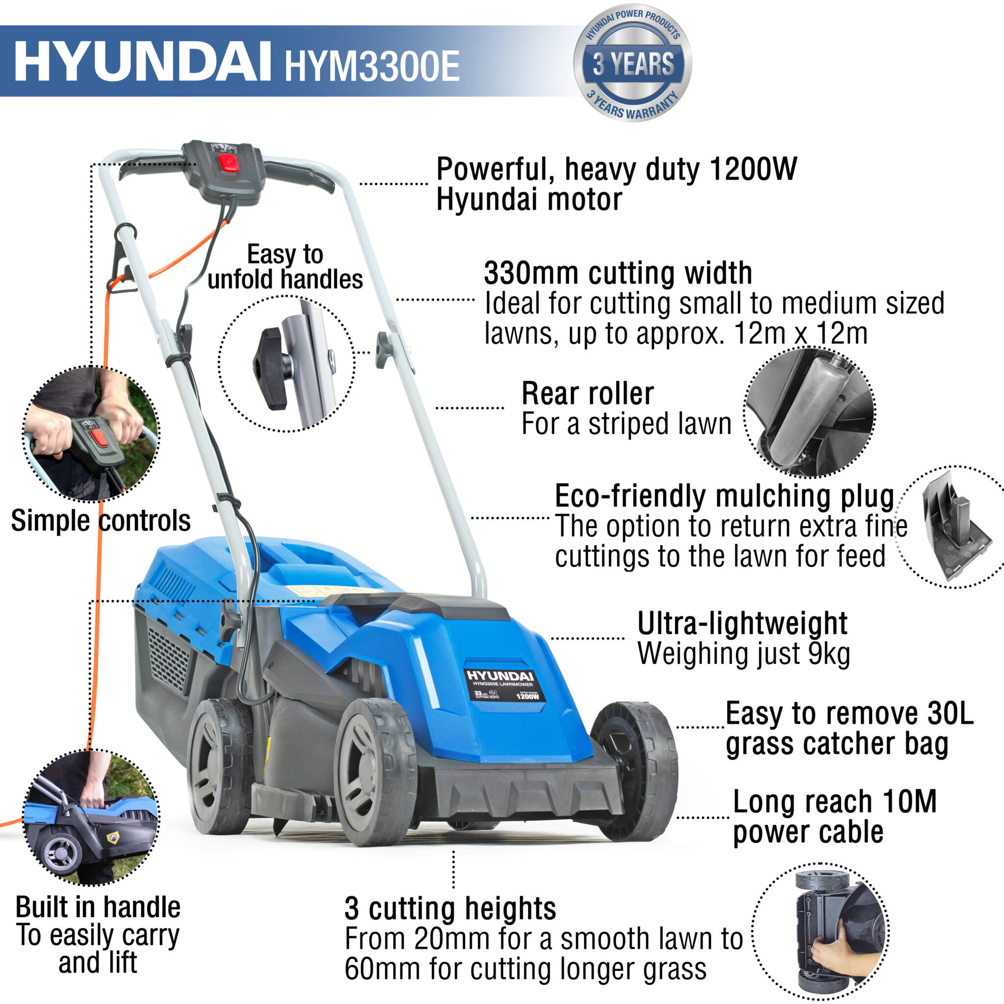 Hyundai HYM3300E 33cm Corded Electric 1200w/230v Roller Mulching Lawnmower