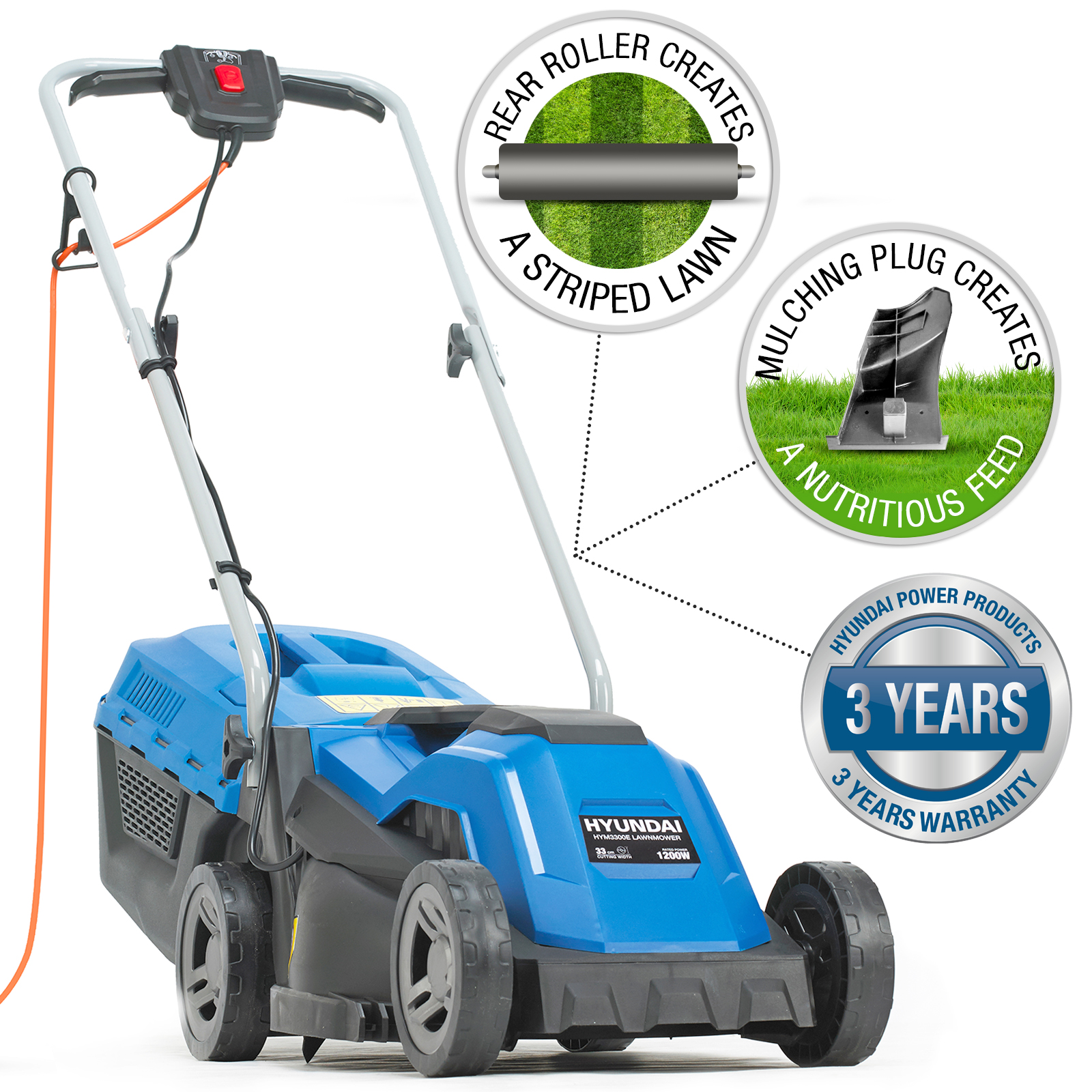 Hyundai HYM3300E 33cm Corded Electric 1200w/230v Roller Mulching Lawnmower