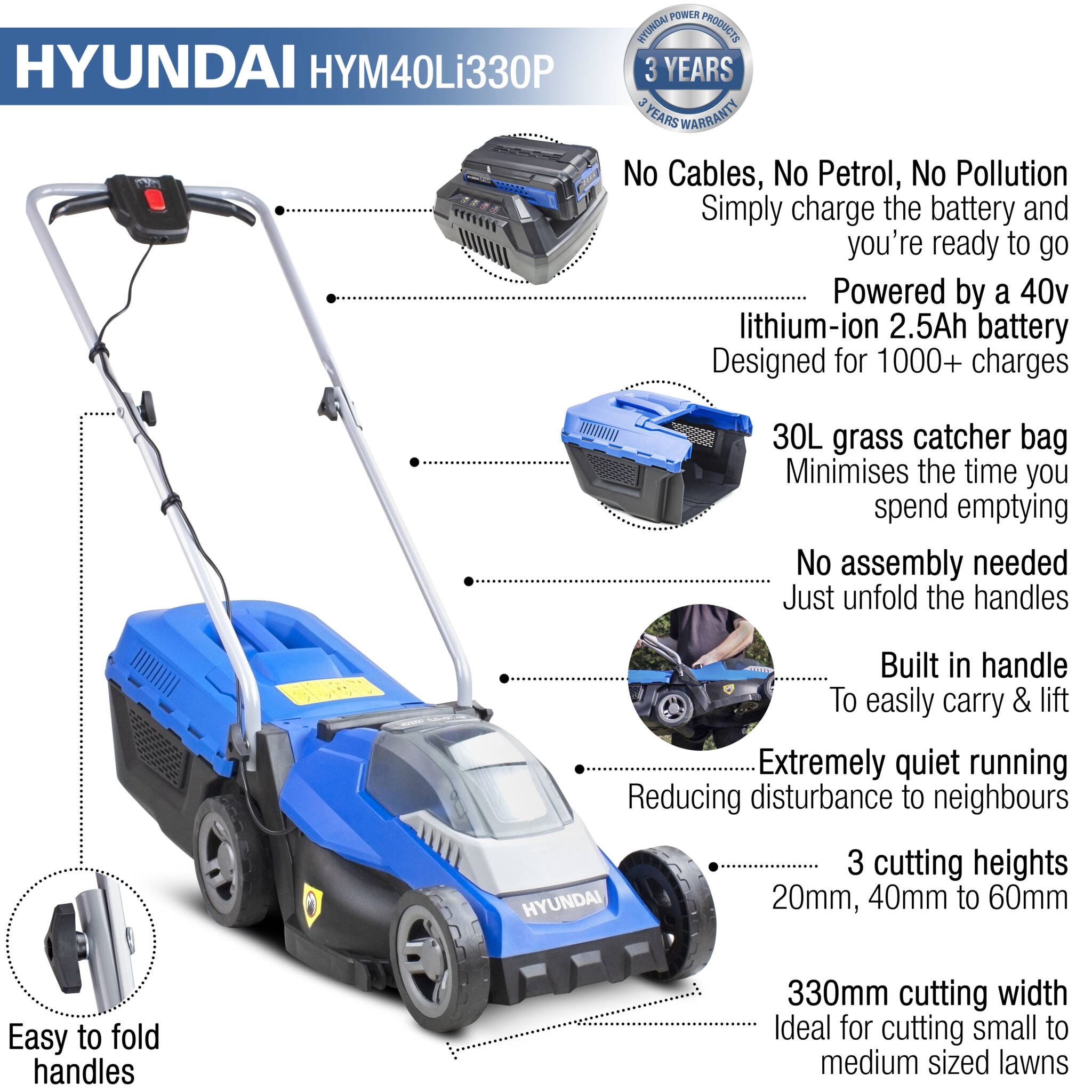Hyundai HYM40LI330P 40V Lithium-Ion Cordless Battery Powered Roller Lawn Mower 33cm Cutting Width With Battery and Charger