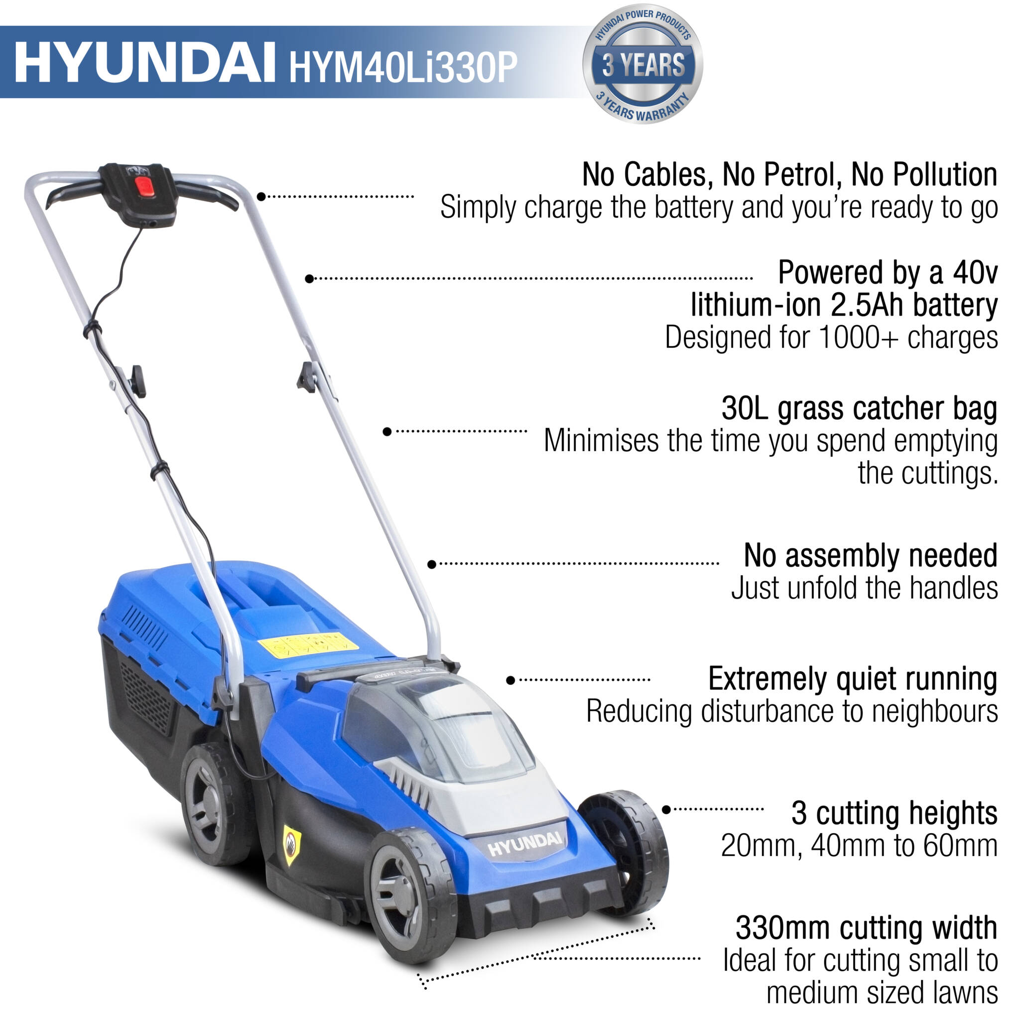 Hyundai HYM40LI330P 40V Lithium-Ion Cordless Battery Powered Roller Lawn Mower 33cm Cutting Width With Battery and Charger