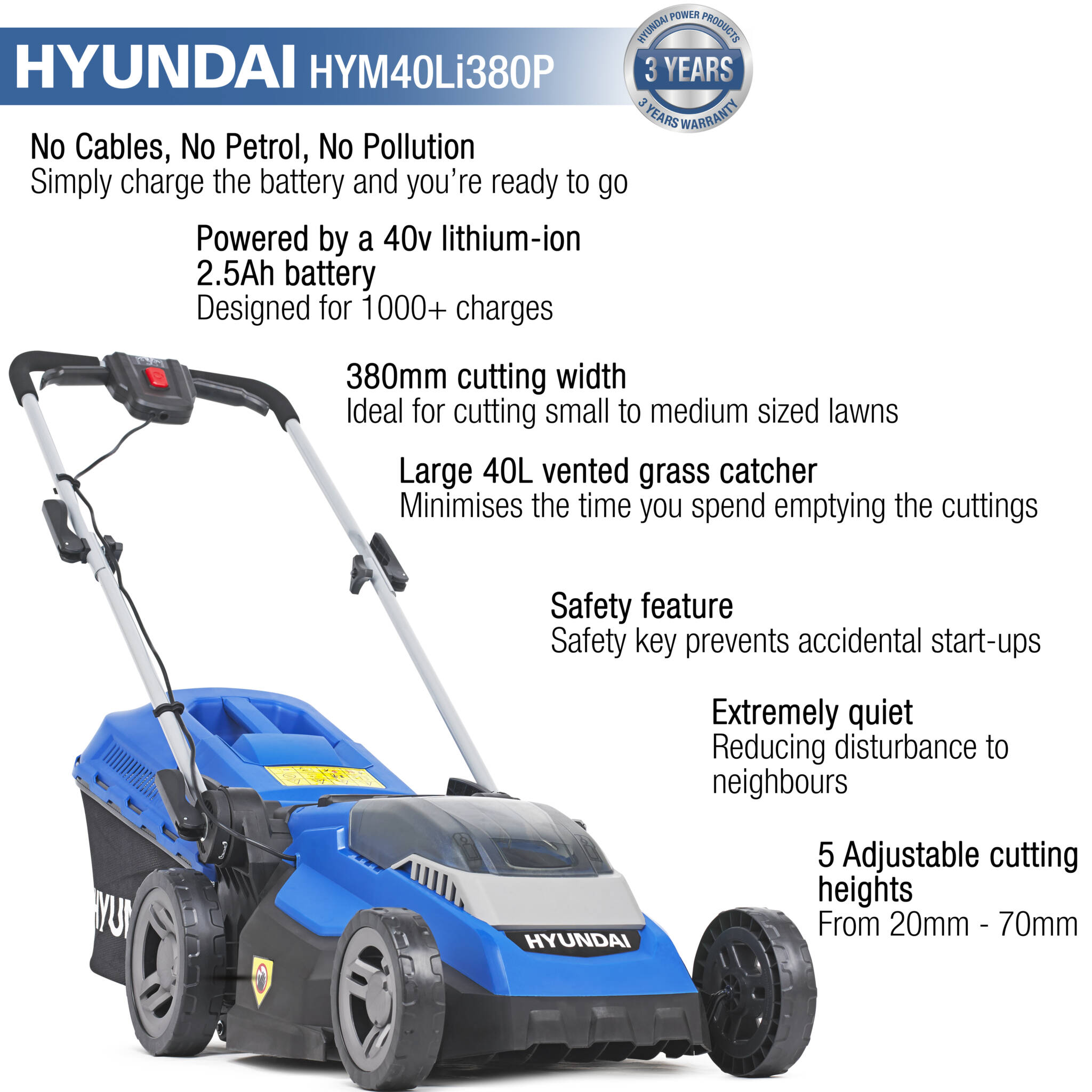 Hyundai HYM40LI380P 38cm Cordless 40v Lithium-Ion Battery Roller Lawnmower with Battery and Charger