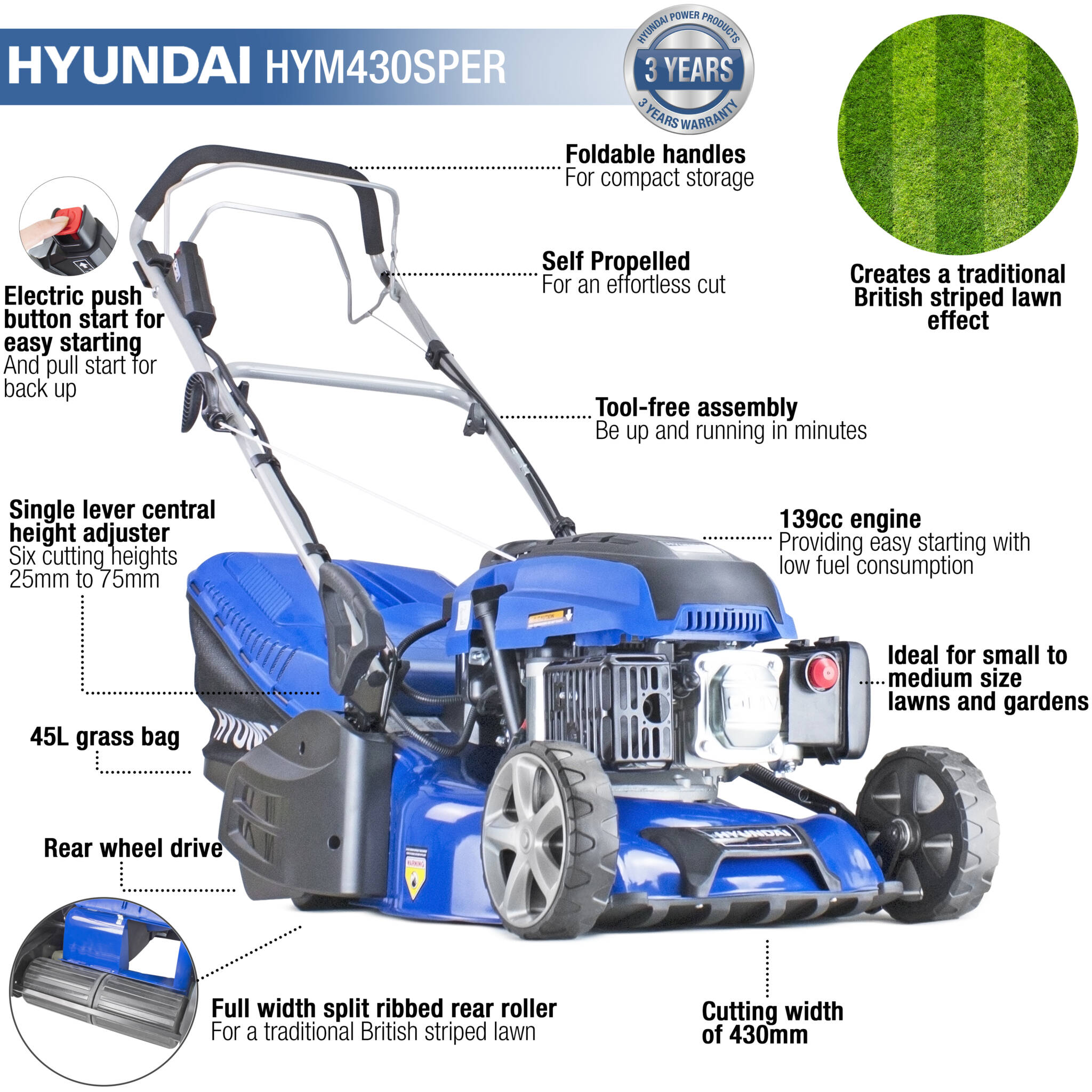 Hyundai HYM430SPER 17"/43cm 139cc Electric-Start Self-Propelled Petrol Roller Lawnmower