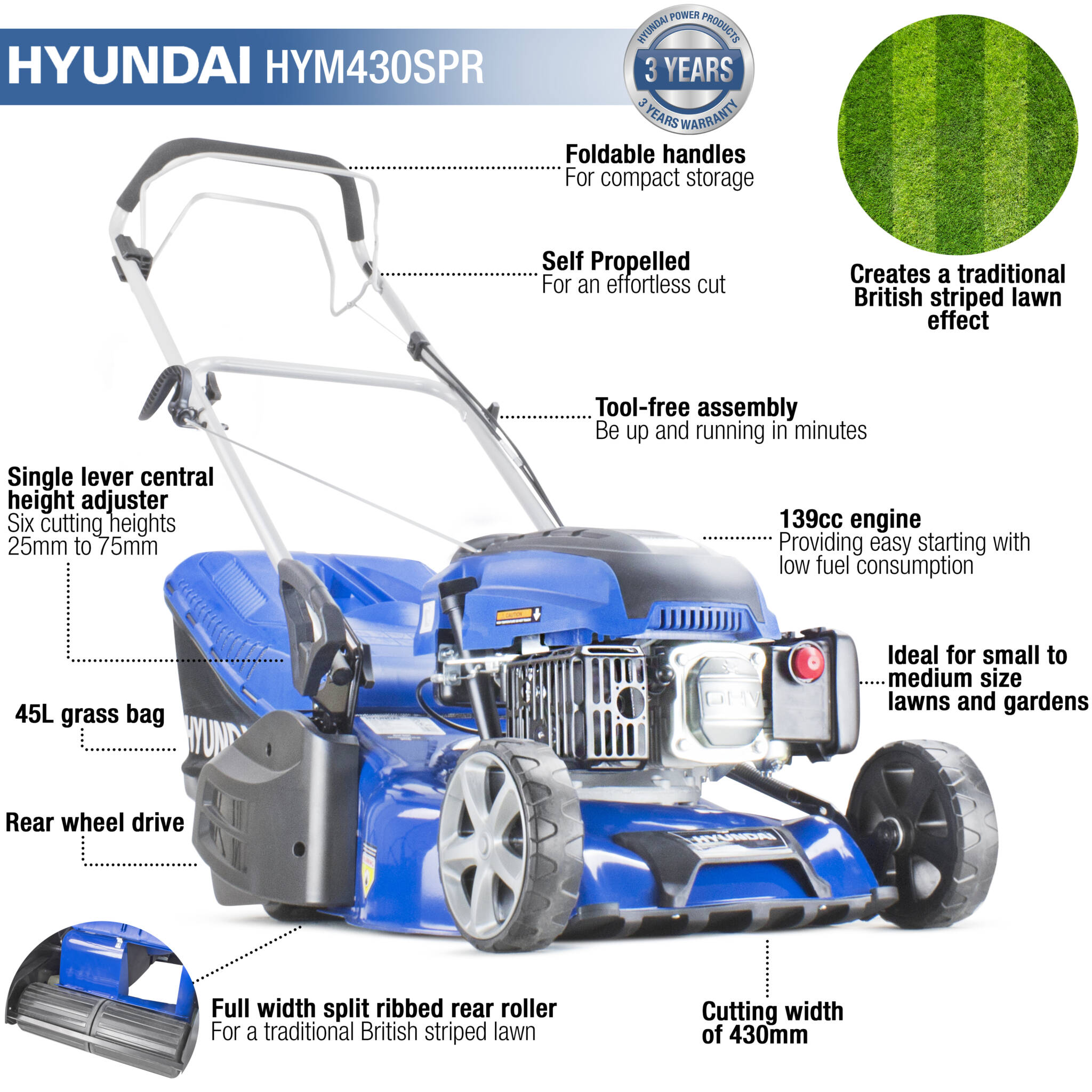 Hyundai HYM430SPR 17"/43cm 139cc Self-Propelled Petrol Roller Lawnmower