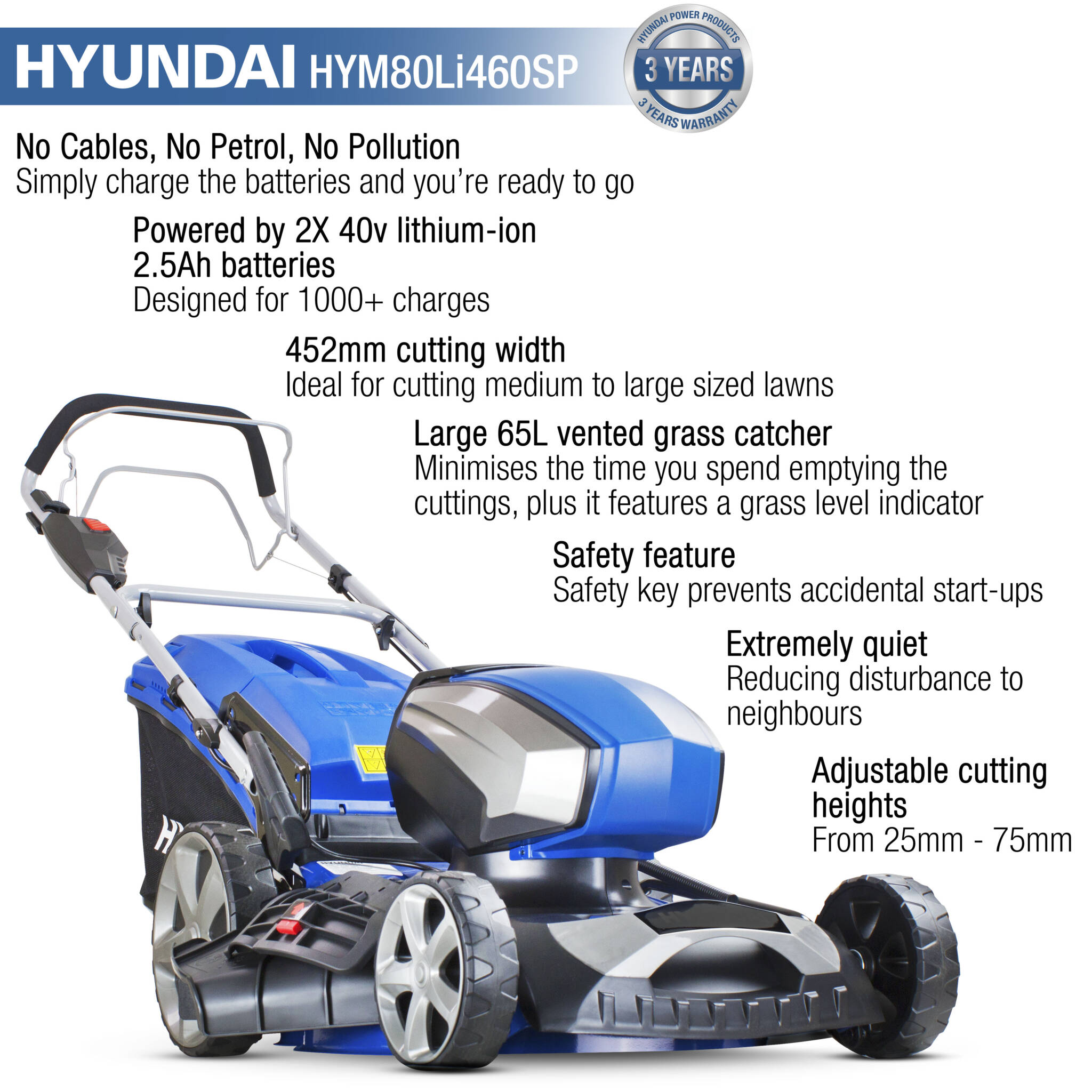 Hyundai HYM80Li460SP 18"/45cm Cordless 80v Lithium-Ion Battery Self Propelled Lawnmower with Battery and Charger