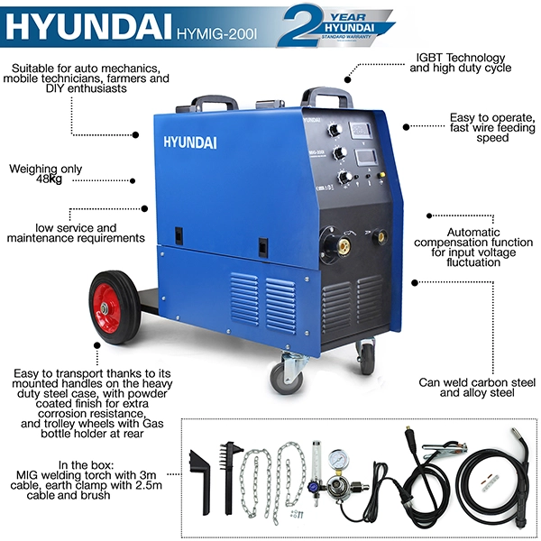Hyundai 200 Amp MIG Welder, 230V Single Phase, Pro series | HYMIG-200I