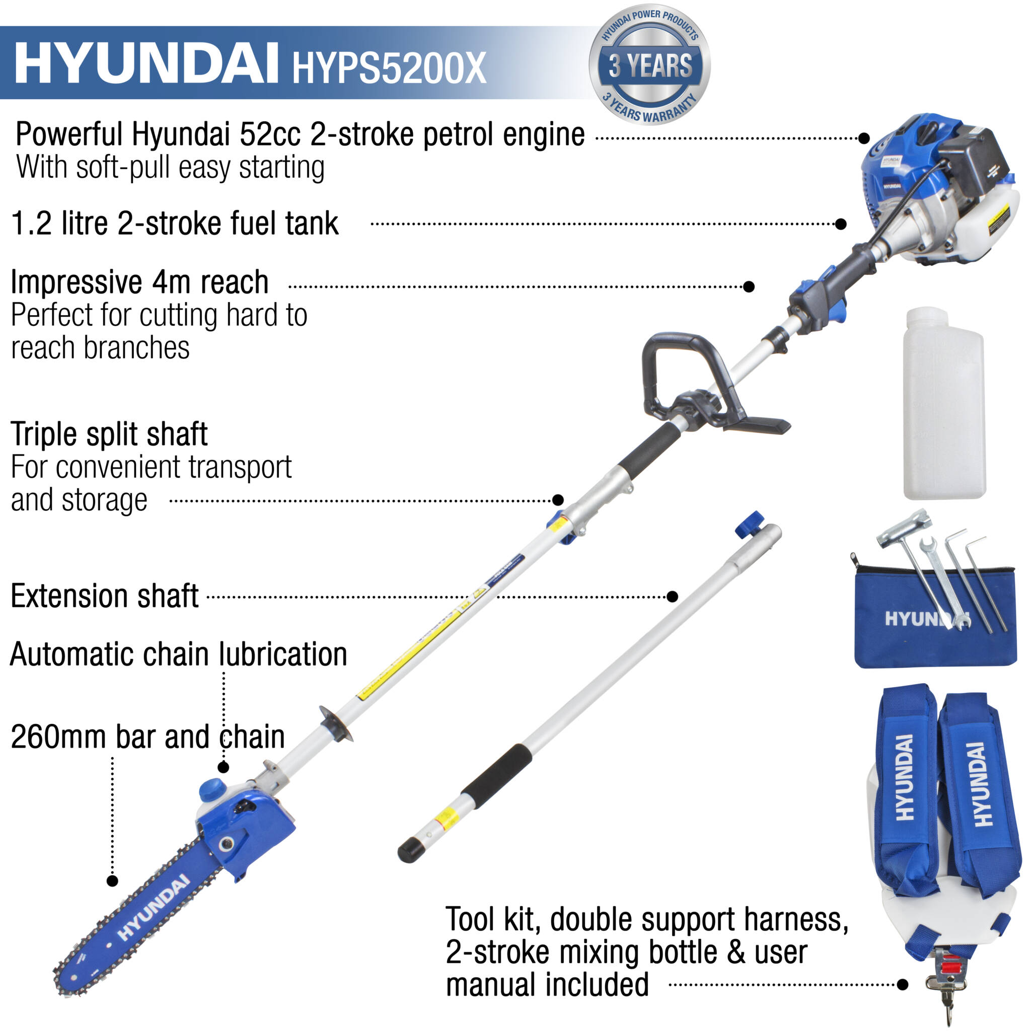 Hyundai HYPS5200X 52cc Long Reach Petrol Pole Saw/Pruner/Chainsaw