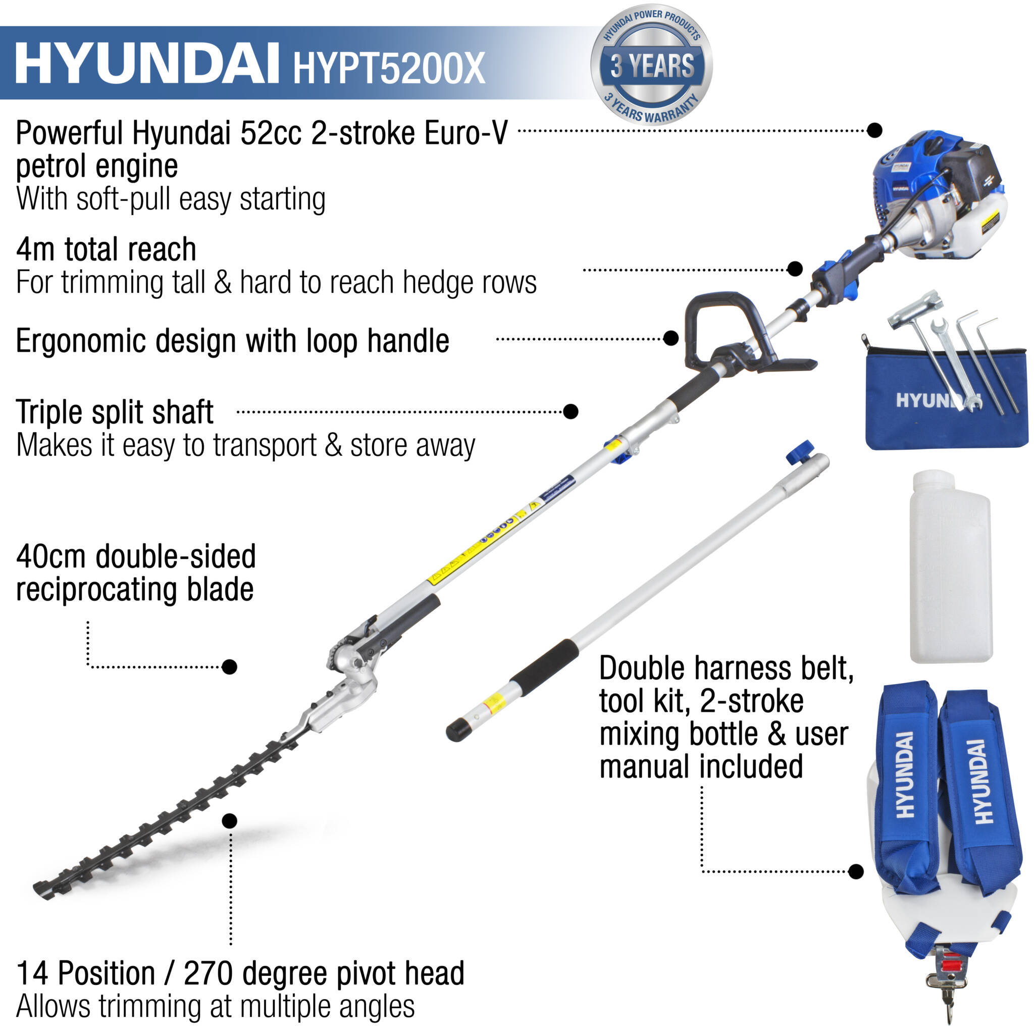 Hyundai HYPT5200X 52cc Long Reach Petrol Pole Hedge Trimmer/Pruner