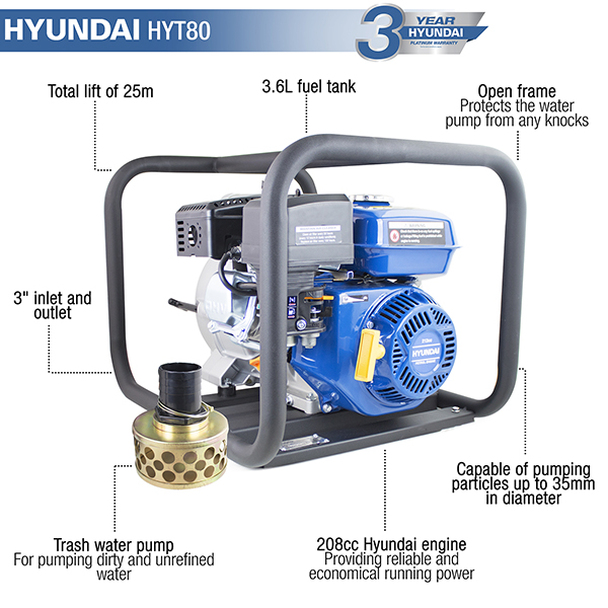 Hyundai Petrol Trash Water Pump 80mm HYT80