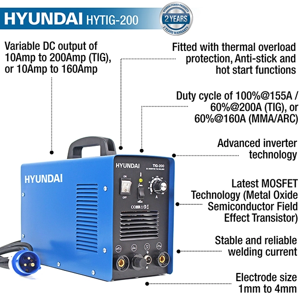 Hyundai 200Amp TIG/MMA/ARC Inverter Welder, 230V Single Phase | HYTIG200