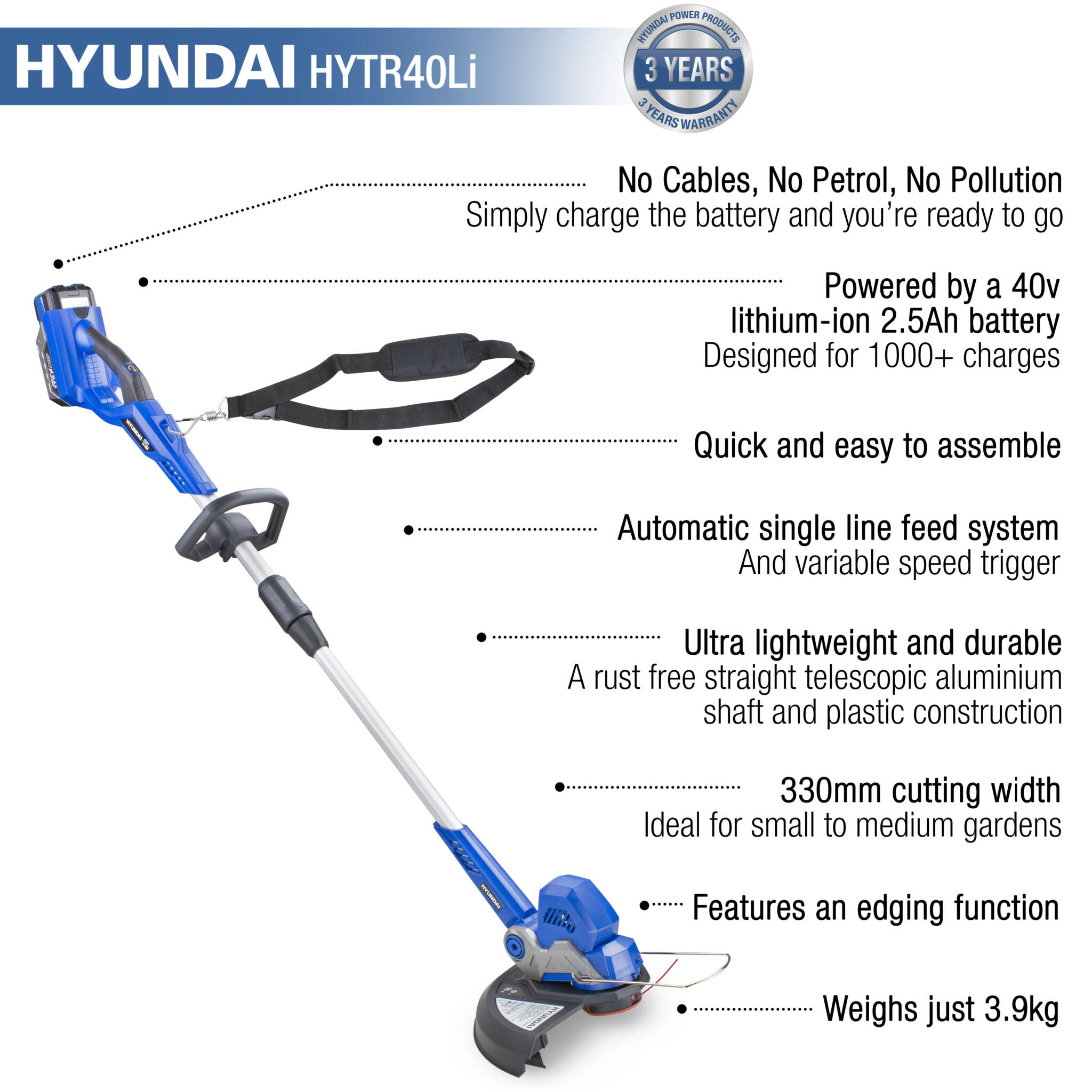 Hyundai HYTR40LI 40v Lithium-ion Cordless Grass Trimmer With Battery and Charger