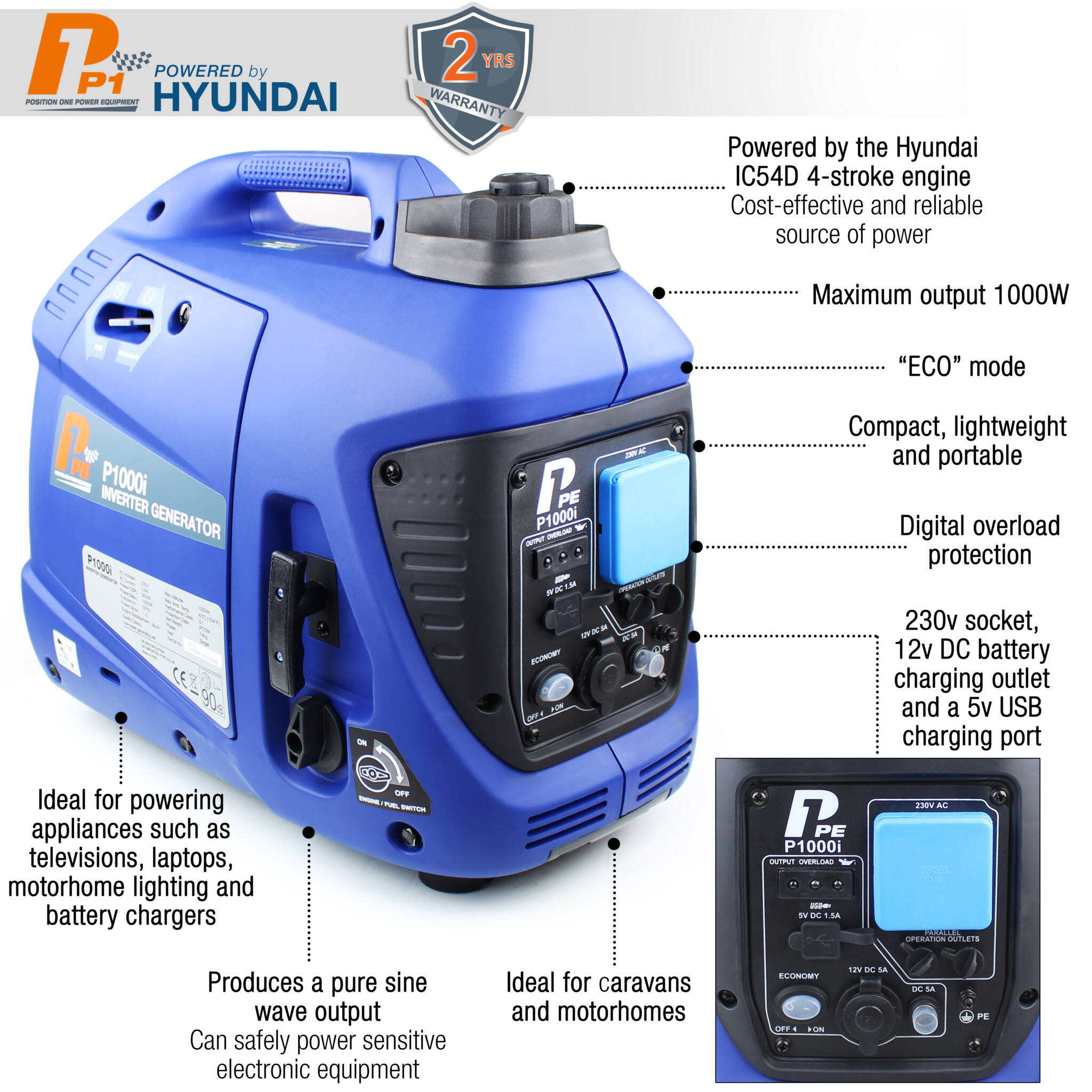 Hyundai P1000i P11000W Portable Petrol Inverter Suitcase Generator