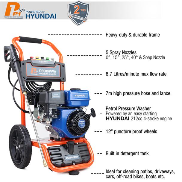 Hyundai P3500PWA P1 Petrol Pressure Washer 3000psi / 207 bar IC210 Engine
