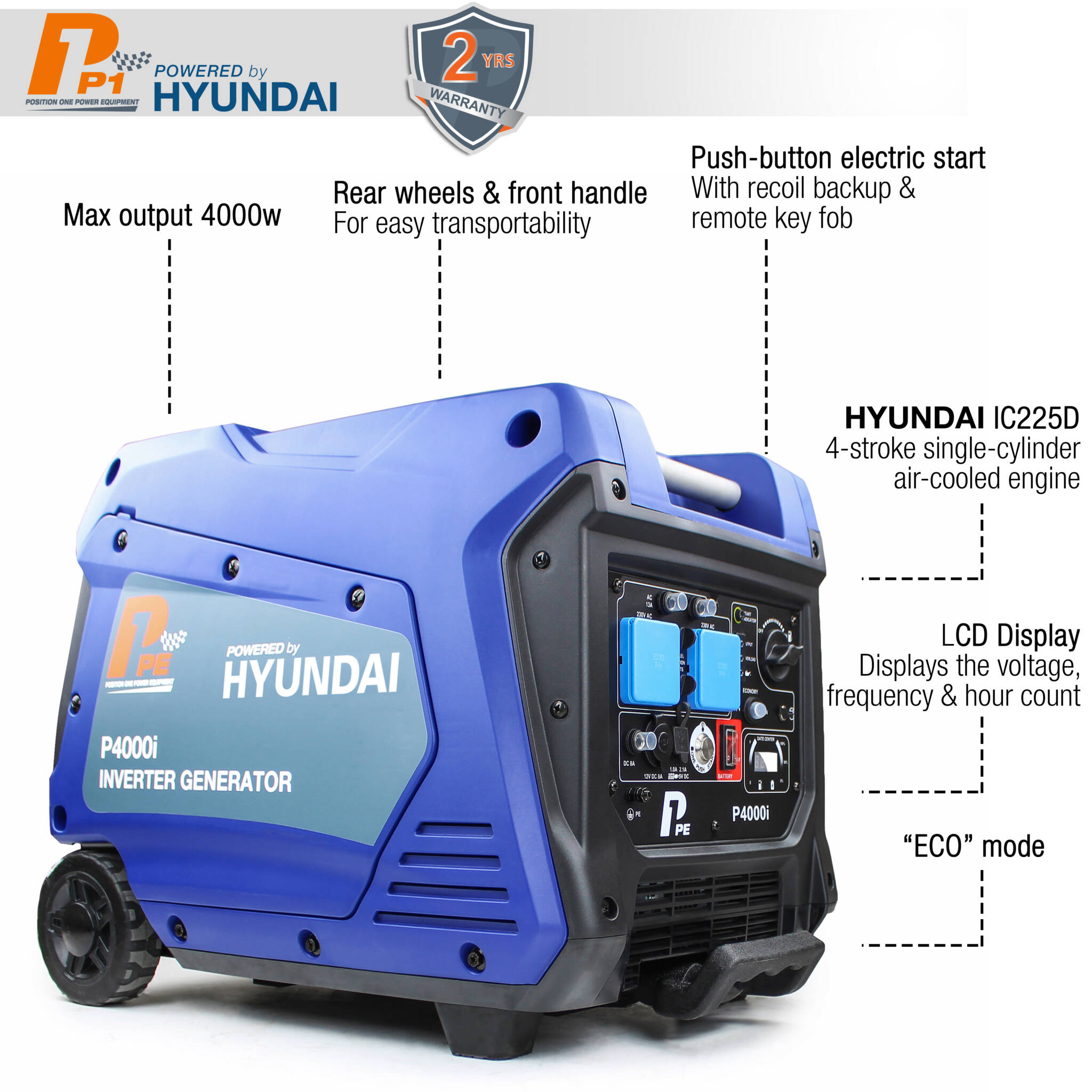 Hyundai P4000i P1 3800W/3.8kW Portable Petrol Inverter Generator