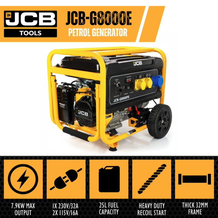 JCB 7.9kW / 9.8kVA Petrol Site Generator, 115V / 230V 15hp 457cc JCB Engine, Recoil & Electric Start