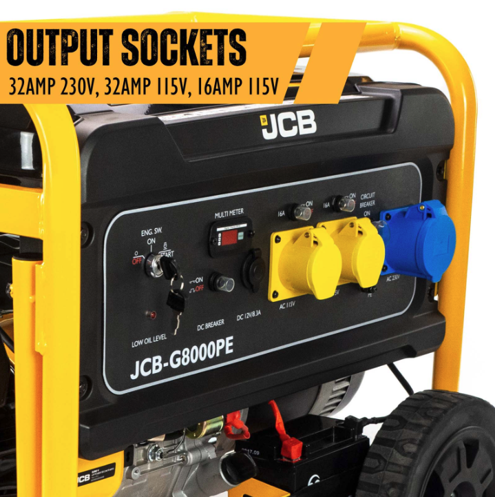 JCB 7.9kW / 9.8kVA Petrol Site Generator, 115V / 230V 15hp 457cc JCB Engine, Recoil & Electric Start