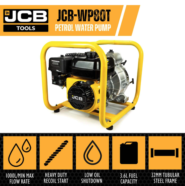 JCB 80mm 3’’ Professional Petrol Trash Water Pump 1000L/min 7.5hp 224cc 4-Stroke
