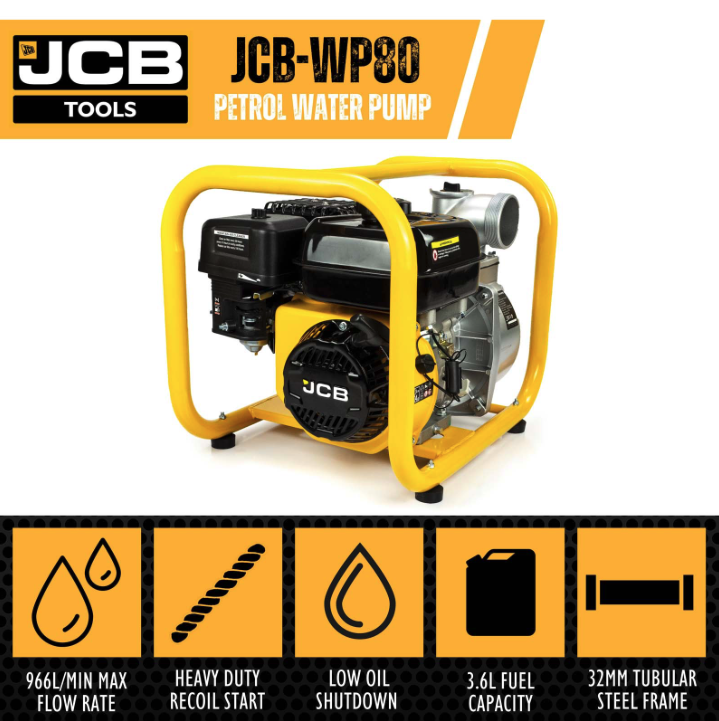 JCB 80mm 3’’ Professional Petrol Water Pump 7.5hp 244cc 4-Stroke