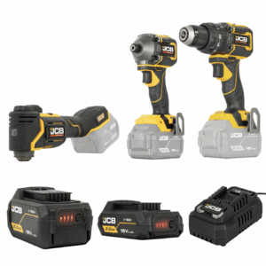 JCB 18V Pro Kit Combi Drill 75Nm Impact Driver 230Nm Multi Tool With 2.0Ah And 5.0Ah Batteries Fast Charger And Tool Bag