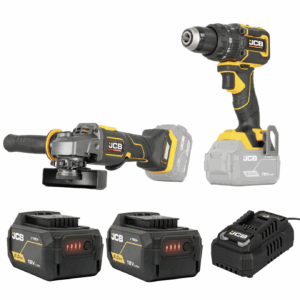 JCB Pro 18V Kit With 75Nm Combi Drill And 115mm Angle Grinder, 2 x 5.0Ah Batteries, Fast Charger And Soft Tool Bag