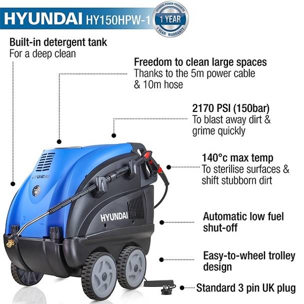 Hyundai Electric Hot Pressure Washer 2170psi 2.8kW HY150HPW-1