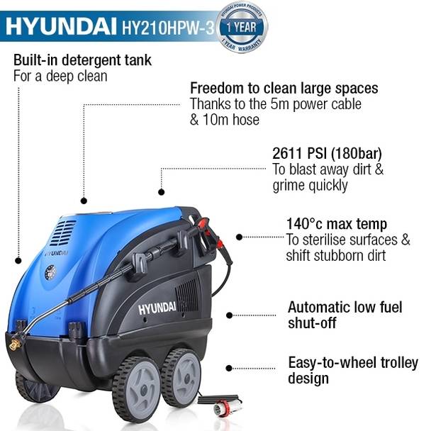 Hyundai Electric Hot Pressure Washer 2600psi 6.3kW HY210HPW-3