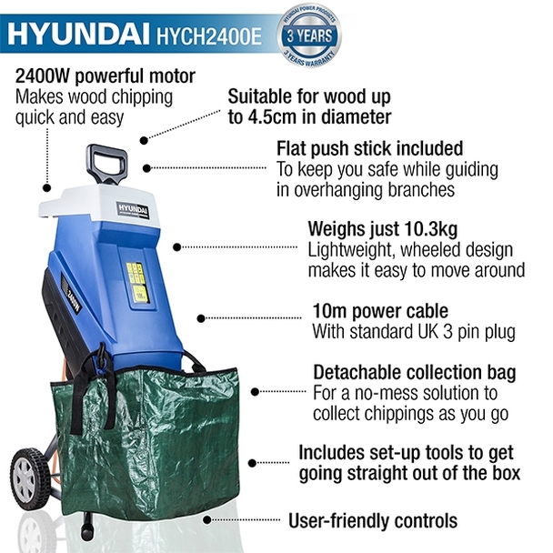 Hyundai HYCH2400E Electric Garden Shredder, 2400w / 2.4kW, 230v