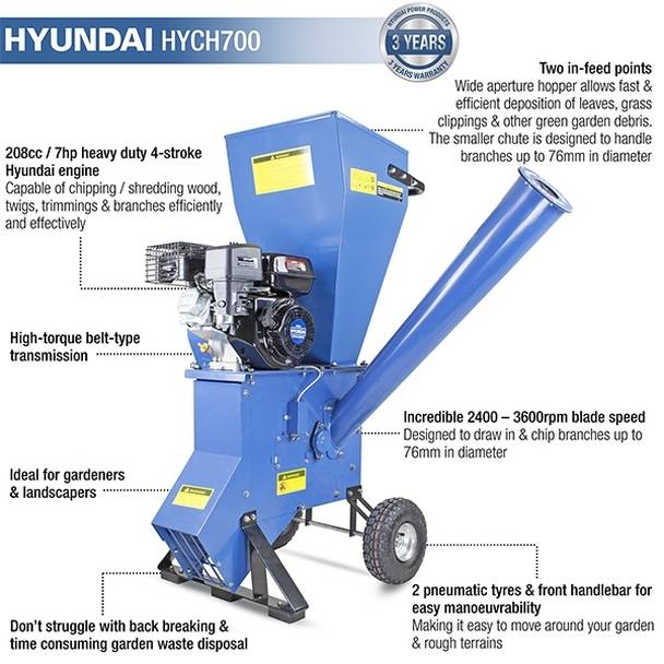 Hyundai Petrol Garden Wood Chipper 76mm HYCH700