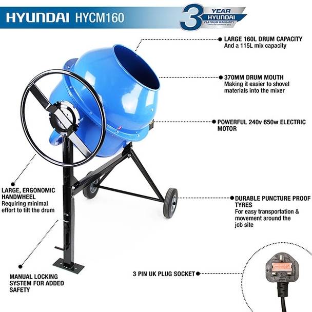 Hyundai Electric Portable Cement Mixer 160L HYCM160