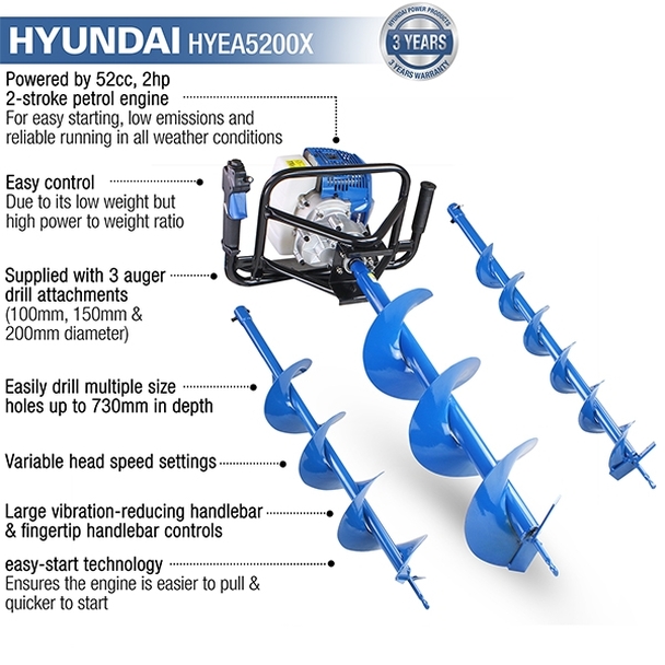 Hyundai HYEA5200X 52cc Petrol Earth Auger, Borer and Drill