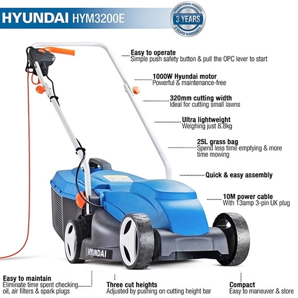 Hyundai HYM3200E 32cm Corded Electric 1000w/240v Lawnmower