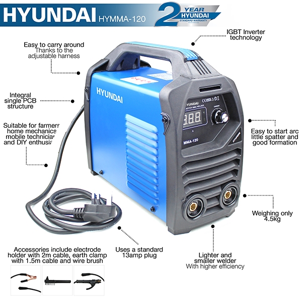 Hyundai 120Amp MMA/ARC Inverter Welder, 230V Single Phase | HYMMA-120
