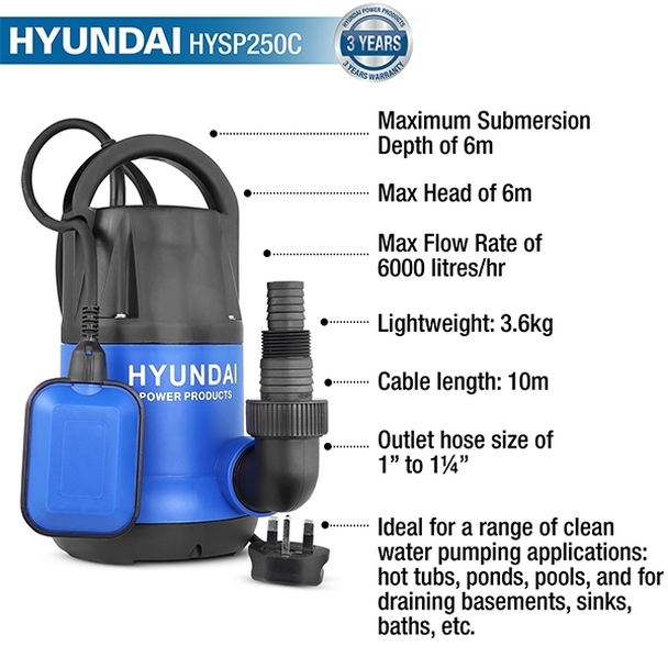 Hyundai Electric Clean Water Submersible Pump 250w HYSP250CW
