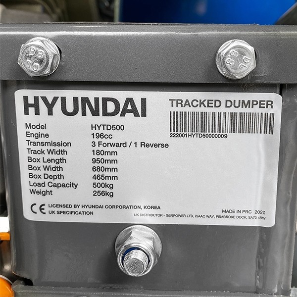 Hyundai 196cc Petrol 500kg Payload Tracked Mini Dumper / Power Barrow / Transporter | HYTD500