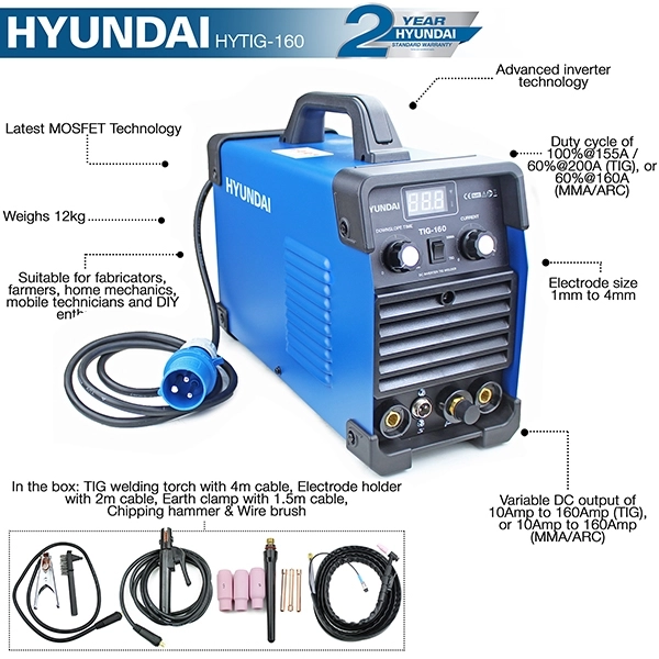 Hyundai 160 amp TIG/MMA/ARC Inverter Welder, 230V Single Phase | HYTIG160