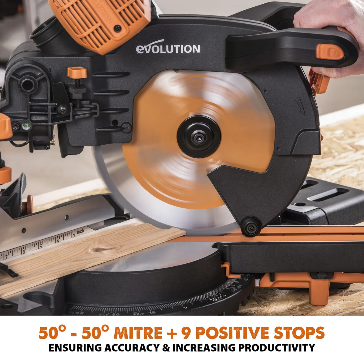 Evolution R255SMS-DB+ 255mm Double Bevel Sliding Compound Mitre Saw With 40T Wood Blade And 28T Multi-Material TCT Blade