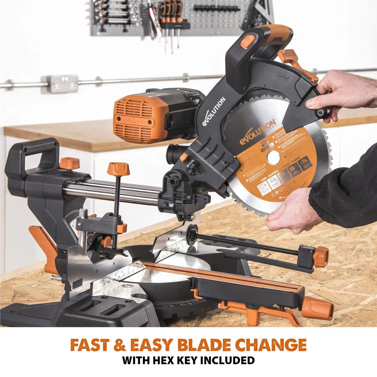 Evolution R255SMS-DB+ 255mm Double Bevel Sliding Compound Mitre Saw With 40T Wood Blade And 28T Multi-Material TCT Blade