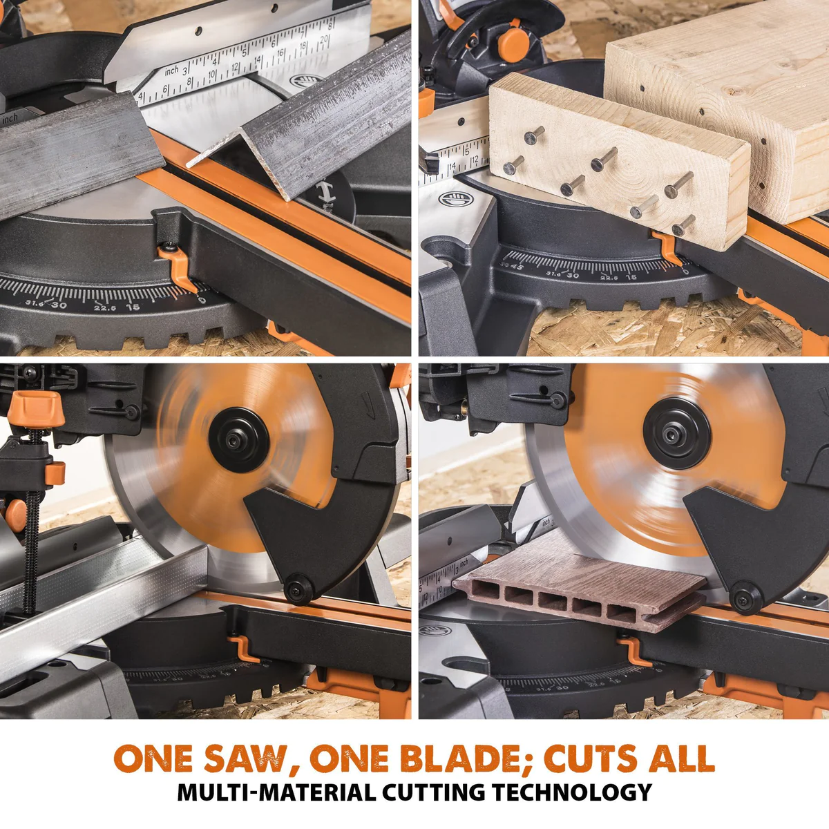 Evolution R255SMS-DB+ 255mm Double Bevel Sliding Compound Mitre Saw With 40T Wood Blade And 28T Multi-Material TCT Blade