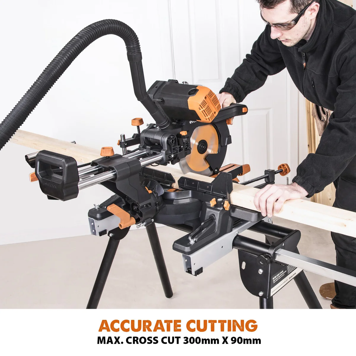 Evolution R255SMS-DB+ 255mm Double Bevel Sliding Compound Mitre Saw With 40T Wood Blade And 28T Multi-Material TCT Blade