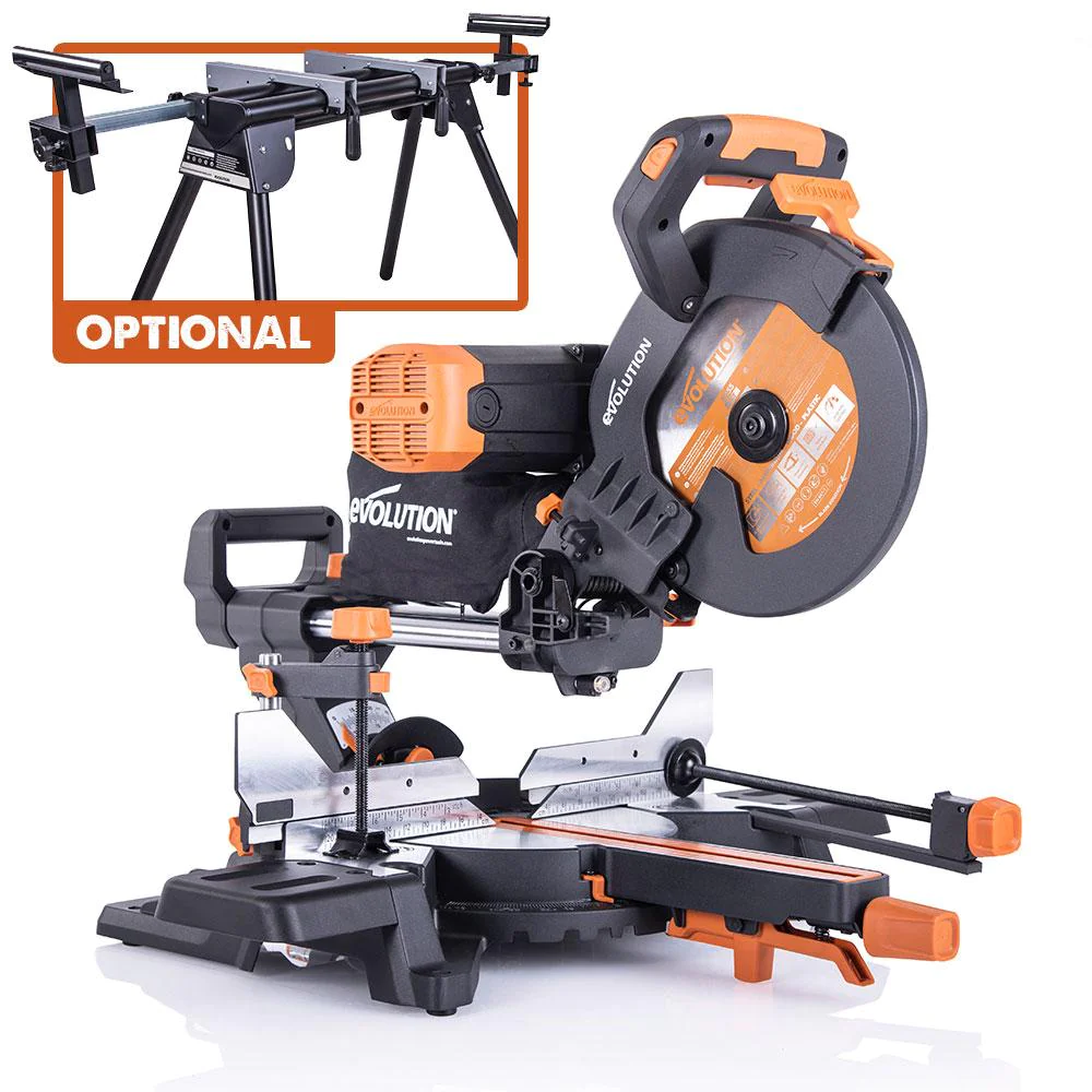 Evolution R255SMS-DB+ 255mm Double Bevel Sliding Compound Mitre Saw With 40T Wood Blade And 28T Multi-Material TCT Blade